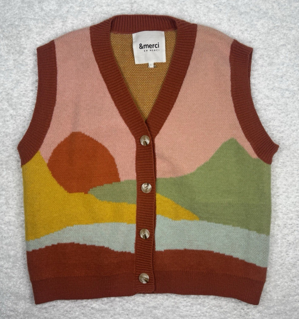 &Merci En Merci Sweater Vest Cardigan Sunset Landscape Pastel Cottagecore - Sz L